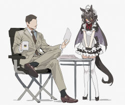 Rule 34 | 1boy, 1girl, alternate costume, animal ears, apron, black footwear, black gloves, black hair, bow, brown footwear, brown jacket, brown necktie, brown pants, closed mouth, coffee mug, commentary, crossed legs, cup, dress, dress shoes, enmaided, faceless, faceless male, formal, frilled apron, frilled dress, frills, full body, gloves, hair ornament, high heels, holding, holding paper, holding tray, horse ears, horse girl, horse tail, jacket, long hair, looking down, maid, maid apron, maid headdress, manhattan cafe (umamusume), mug, necktie, on chair, pants, paper, puffy short sleeves, puffy sleeves, red bow, sarcophage, short sleeves, simple background, sitting, suit, table, tail, thighhighs, trainer (umamusume), tray, umamusume, very long hair, white background, white thighhighs, yellow eyes