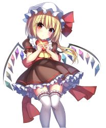 Rule 34 | 1girl, alternate costume, blonde hair, blush, bow, box, brown dress, crystal, demon wings, dress, flandre scarlet, frilled shirt collar, frills, gift, hat, hat ribbon, head tilt, heart-shaped box, highres, holding, holding gift, janne cherry, knees together feet apart, long hair, looking at viewer, mob cap, puffy short sleeves, puffy sleeves, rainbow order, red bow, red eyes, red ribbon, ribbon, sash, short sleeves, side ponytail, solo, standing, tareme, thigh gap, thighhighs, touhou, valentine, w arms, white hat, white thighhighs, wings, zettai ryouiki