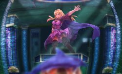 Rule 34 | 1girl, black footwear, blonde hair, blue eyes, blunt bangs, blush, boots, breasts, cape, caustics, cleavage, column, commentary request, dolphin, dress, full body, large breasts, long hair, looking at viewer, monica (romancing saga 3), open mouth, pillar, pink dress, purple cape, reihou19, romancing saga 3, saga, short dress, short sleeves, solo, standing, thigh boots, wide sleeves