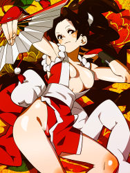Rule 34 | 1girl, armpits, bare shoulders, blush, breasts, brown eyes, brown hair, cleavage, covered erect nipples, hand fan, fatal fury, fingerless gloves, folding fan, gloves, japanese clothes, large breasts, long hair, panties, pelvic curtain, ponytail, revealing clothes, shiranui mai, side slit, snk, solo, the king of fighters, tsurukame (doku), underwear