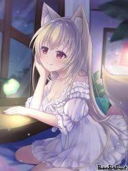 Rule 34 | 1girl, animal ears, arm support, blonde hair, hand on own face, indoors, lamp, long hair, nightgown, official art, pandora party project, red eyes, sitting, smile, tail, tougo, wariza, window
