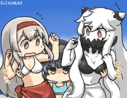 Rule 34 | 10s, 3girls, abyssal ship, arare (kancolle), bikini, blue sky, breast envy, grabbing another&#039;s breast, brown eyes, commentary, covered mouth, dated, flying sweatdrops, grabbing, grabbing from behind, groping, hamu koutarou, hat, horns, kantai collection, long hair, midway princess, multiple girls, open mouth, pale skin, red eyes, sarong, shaded face, shoukaku (kancolle), sky, sweat, swimsuit, white hair