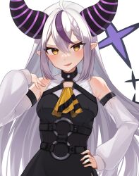 Rule 34 | 1girl, aged up, ascot, bare shoulders, belt, black belt, black dress, blush, braid, braided bangs, breasts, demon girl, demon horns, demon tail, detached sleeves, dress, fang, french braid, grey hair, hair between eyes, hand on own hip, highres, hololive, holox, horns, iu (iuiu1103), la+ darknesss, long hair, long sleeves, looking at viewer, medium breasts, multicolored hair, o-ring, open mouth, pointy ears, purple hair, simple background, skin fang, sleeveless, sleeveless dress, sleeves past wrists, smile, solo, streaked hair, striped horns, tail, very long hair, virtual youtuber, white background, white sleeves, yellow ascot, yellow eyes