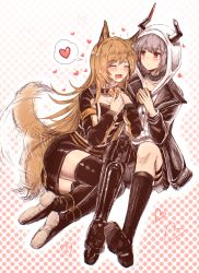 Rule 34 | 2girls, 3 (sanyako1), animal ears, arknights, bad id, bad pixiv id, black legwear, blush, boots, broken horn, brown hair, ceobe (arknights), closed eyes, commentary request, cow horns, dog ears, dog tail, eating, fang, female focus, food, grey hair, heart, highres, holding, holding food, hood, hood up, horns, long hair, long sleeves, looking at another, multiple girls, open mouth, prosthesis, prosthetic leg, red eyes, short hair, smile, sparkle, spoken heart, tail, tail wagging, thigh boots, thighhighs, vulcan (arknights), yuri