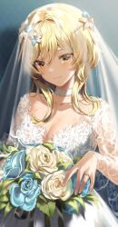 Rule 34 | 1girl, blonde hair, blush, bouquet, breasts, bridal veil, cleavage, closed mouth, dress, flower, genshin impact, hair flower, hair ornament, highres, jewelry, large breasts, long sleeves, looking at viewer, lumine (genshin impact), ring, see-through, silence girl, simple background, smile, solo, veil, wedding dress, wedding ring, white dress, yellow eyes
