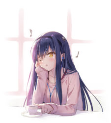 Rule 34 | 1girl, black hair, cup, earphones, hair ornament, hairband, head on hand, head rest, indoors, jolly roger, kushima kamome, listening to music, long hair, musical note, na-ga, skull and crossed swords, smile, solo, summer pockets, sunlight, table, teacup, window, yellow eyes