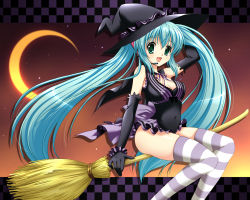 Rule 34 | 1girl, aqua hair, broom, broom riding, cape, gloves, green eyes, halloween, hat, hatsune miku, headset, long hair, patterned legwear, sidesaddle, solo, striped clothes, striped thighhighs, suzui narumi, thighhighs, twintails, two-tone stripes, very long hair, vocaloid, wallpaper, witch, witch hat