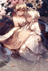 Rule 34 | 2girls, blonde hair, blurry, braid, breasts, brown eyes, brown hair, cleavage, depth of field, closed eyes, from above, hair ornament, hair ribbon, hair rings, japanese clothes, kimono, looking at viewer, luo tianyi, multiple girls, partially submerged, petals, red ribbon, ribbon, shallow water, short hair with long locks, single braid, small breasts, smile, vocaloid, water, you hashira, yuezheng ling, yukata