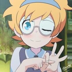 Rule 34 | 1girl, absurdres, aleuz91, artist name, blonde hair, blue eyes, blue hairband, closed mouth, collared shirt, freckles, glasses, hairband, highres, little witch academia, looking at viewer, lotte jansson, one eye closed, penetration gesture, portrait, semi-rimless eyewear, shirt, short hair, signature, smile