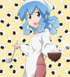 Rule 34 | 1girl, alternate costume, alternate hairstyle, apron, blue eyes, blue hair, blush, bowl, dot nose, food, hat, highres, holding, holding bowl, holding ladle, ikamusume, ladle, looking at viewer, matching hair/eyes, offering food, onigiri, onigiri background, open mouth, rice balls, shinryaku! ikamusume, solo, squid hat, standing, steam, stitched, third-party edit