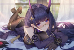 1girl, bangs, bare shoulders, benghuai xueyuan, black gloves, black legwear, blue eyes, blush, breasts, china dress, chinese clothes, closed mouth, detached sleeves, dress, eyebrows visible through hair, feet up, full body, glasses, gloves, highres, honkai (series), honkai impact 3rd, horns, indoors, large breasts, long hair, looking at viewer, lying, no shoes, official alternate costume, on stomach, oni horns, pantyhose, purple dress, purple hair, raiden mei, raiden mei (herrscher of thunder), see-through, solo, thighlet, window, wu ganlan cai