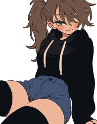 Rule 34 | 1girl, arm support, asymmetrical bangs, black hoodie, black thighhighs, blue shorts, blush stickers, breasts, brown hair, closed mouth, commentary, cowboy shot, dayo34, denim, denim shorts, green eyes, hair over one eye, highres, hood, hood down, hoodie, invisible chair, light smile, long hair, long sleeves, looking at viewer, medium breasts, messy hair, original, ponytail, shorts, simple background, sitting, skindentation, solo, straight hair, thighhighs, white background