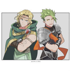 Rule 34 | 2boys, absurdres, achilles (fate), achilles (hades), ancient greek clothes, armor, black gloves, blonde hair, blue eyes, character name, cloak, crossed arms, crossover, fate/apocrypha, fate (series), gloves, greco-roman clothes, green hair, hades (series), hades 1, highres, male focus, multiple boys, name connection, open mouth, shoulder armor, smile, tia (cocorosso), yellow eyes