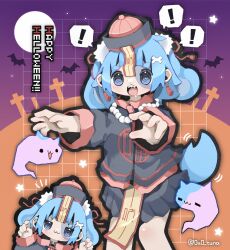 Rule 34 | !, 1girl, :3, @ @, absurdres, animal, animal ears, artist name, bat (animal), bead necklace, beads, black skirt, blue eyes, blue hair, cat, chibi, chibi inset, cross, dog ears, dog girl, dog tail, drooling, earrings, english text, feet out of frame, full moon, ghost, grid background, hair ornament, halloween, halloween costume, hands up, happy halloween, hat, highres, jewelry, jiangshi costume, latin cross, looking at viewer, medium hair, moon, mouth drool, multicolored background, necklace, night, night sky, nikamoka, notice lines, ofuda, open mouth, orange background, original, outstretched arms, pelvic curtain, pleated skirt, pom pom (clothes), pom pom hair ornament, purple background, purple sky, qingdai guanmao, sharp teeth, short eyebrows, skirt, sky, spoken exclamation mark, standing, star (sky), tail, tassel, tassel earrings, teeth, tombstone, twitter username, zombie pose