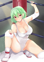 Rule 34 | 1girl, alternate costume, boots, breasts, cismlyri, cleavage, collarbone, compression sleeve, gloves, green hair, kazami yuuka, large breasts, leotard, nail polish, red eyes, red nails, solo, spread legs, touhou, touhou tag dream, wrestling outfit