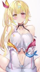 Rule 34 | 1girl, black choker, blonde hair, blush, bow, breasts, choker, cleavage, closed mouth, cropped shirt, hair bow, hair ornament, hairclip, heterochromia, highres, hoshikawa sara, hoshikawa sara (1st costume), jacket, large breasts, looking at viewer, midriff, mile (off8mile), navel, nijisanji, off shoulder, one side up, red eyes, shirt, simple background, sitting, solo, spread legs, tied shirt, virtual youtuber, white background, white jacket, white shirt, x hair ornament, yellow eyes