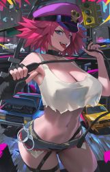 Rule 34 | 1girl, black gloves, black shorts, breasts, cleavage, cuffs, fingerless gloves, gloves, handcuffs, hat, highres, holding, holding whip, hood (james x), large breasts, looking at viewer, navel, open mouth, pink hair, poison (final fight), purple hat, short hair, short shorts, shorts, solo, street fighter, teeth, tongue, tongue out