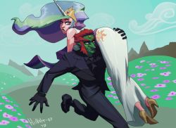Rule 34 | 1boy, 1girl, ass, ass grab, bare shoulders, black gloves, blue hair, carrying, celestia (my little pony), colored skin, crossover, crown, cutie mark, diepod, dress, forehead jewel, formal, ganondorf, gloves, green hair, green skin, hand on ass, hetero, high heels, horns, long hair, multicolored hair, my little pony, my little pony: friendship is magic, necktie, nintendo, personification, purple eyes, purple hair, running, shoes, shoulder carry, single horn, smirk, suit, the legend of zelda, the legend of zelda: ocarina of time, white dress, yellow eyes