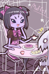 Rule 34 | 1girl, big cat shan, black hair, blush, bug, chair, character name, croissant, cup, doughnut, extra arms, extra eyes, fangs, food, hair ribbon, highres, arthropod girl, monster, monster girl, muffet, muffet&#039;s pet, open mouth, plate, ribbon, silk, sitting, spider, spider girl, spider web, table, teacup, teapot, undertale