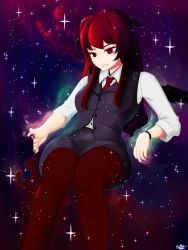 Rule 34 | 1girl, bat wings, black skirt, black vest, bracelet, breasts, collared shirt, commentary, cowboy shot, cup, dress shirt, drugged, empty eyes, english commentary, expressionless, eyelashes, head wings, highres, invisible chair, jewelry, knees together feet apart, koakuma, light particles, long hair, long sleeves, looking down, medium breasts, mug, nebula, necktie, office lady, pantyhose, partially unbuttoned, ramnik5, red eyes, red hair, red necktie, red pantyhose, shirt, sidelocks, sitting, skirt, skirt set, sleeves rolled up, solo, star (symbol), starry background, touhou, v-shaped eyebrows, vest, white shirt, wings