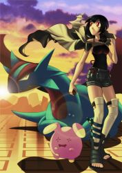 Rule 34 | 1girl, anklet, armpits, artist request, bare shoulders, black hair, black shirt, bob cut, boots, breasts, cape, collarbone, creatures (company), dark skin, dragon, expressionless, fangs, female focus, game freak, gen 3 pokemon, holding, jewelry, legs, looking to the side, mega stone, mountains, nature, neck, nintendo, outdoors, pokemon, pokemon (creature), pokemon oras, red eyes, rope belt, salamence, sandals, shirt, short hair, short shorts, shorts, sky, sleeveless, sleeveless shirt, standing, sun, thighs, toeless footwear, toenails, toes, whismur, wind, wings, zinnia (pokemon)