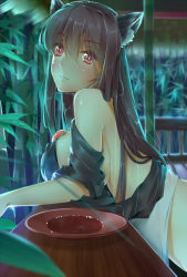 Rule 34 | 1girl, against railing, animal ears, bamboo, bamboo forest, bare shoulders, bottomless, breast rest, breasts, brooch, brown hair, cup, forest, from side, highres, huge breasts, imaizumi kagerou, jewelry, leaning on object, light smile, long hair, looking at viewer, nature, railing, red eyes, sakazuki, sideboob, solo, standing, touhou, wolf ears, xuanlin jingshuang