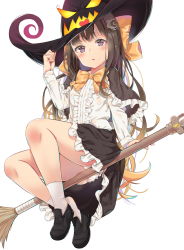 Rule 34 | 1girl, agnamore, bad id, bad pixiv id, black footwear, black hat, black skirt, blush, bow, broom, broom riding, brown hair, center frills, commentary, commission, english commentary, frilled skirt, frills, full body, hair bow, hair ornament, hand on headwear, hand up, hat, highres, loafers, long hair, long sleeves, orange bow, original, panties, parted lips, purple eyes, shirt, shoes, simple background, sitting, skirt, socks, solo, underwear, very long hair, white background, white panties, white shirt, white socks, witch hat