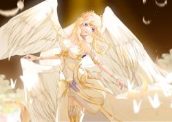 Rule 34 | 1girl, angel wings, armor, armored dress, bare shoulders, blonde hair, blue eyes, bug, butterfly, douluo dalu, dress, feathers, goushi a mo, highres, insect, light, long hair, qian renxue (douluo dalu), sideways glance, thighhighs, white dress, wings