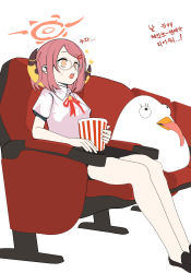 Rule 34 | 1182920, 1girl, 1other, absurdres, aru (blue archive), blue archive, food, glasses, highres, korean text, peroro (blue archive), popcorn, short hair, sitting, white background