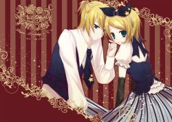 Rule 34 | 1boy, 1girl, alternate costume, aqua eyes, beads, black gloves, black necktie, black ribbon, blonde hair, blush, brother and sister, dress, elbow gloves, gloves, hair ornament, hair ribbon, hairclip, hand on another&#039;s face, happy birthday, kagamine len, kagamine rin, lace, lace gloves, long sleeves, looking at viewer, necktie, puffy short sleeves, puffy sleeves, ribbon, short hair, short sleeves, siblings, skirt, star (symbol), striped background, striped clothes, striped skirt, twins, vertical-striped clothes, vertical-striped skirt, vest, vocaloid, xinya