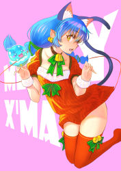 Rule 34 | 1girl, animal ears, text background, bell, blue hair, bow legwear, braid, cat ears, cat girl, cat tail, christmas, christmas ornaments, claw pose, commentary, dress, english commentary, english text, fang, floating, fur cuffs, green ribbon, hair ribbon, jj (ssspulse), legs up, long hair, looking at viewer, merry christmas, neck bell, neck ribbon, open mouth, precure, prunce (precure), purple background, red dress, red thighhighs, ribbon, santa dress, short dress, short sleeves, simple background, solo, star twinkle precure, tail, thighhighs, yellow eyes, yuni (precure)