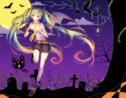 Rule 34 | 1girl, ankle boots, aqua hair, baggy shorts, bat (animal), bat wings, belt, blue eyes, boots, bow, full moon, graveyard, halloween, halloween costume, hatsune miku, heart, heart hands, heart on chest, high heel boots, high heels, highres, long hair, moon, necktie, puffy shorts, shirt, shorts, single thighhigh, sleeveless, sleeveless shirt, smile, solo, suspenders, tattoo, thighhighs, tidsean, twintails, very long hair, vocaloid, wings