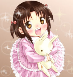 Rule 34 | 1boy, aged down, blush, braid, brown background, crossdressing, from above, hair bobbles, hair ornament, happy, holding, holding stuffed toy, hug, male focus, mogyumera, open mouth, own hands together, solo, sparkle, stuffed animal, stuffed rabbit, stuffed toy, suzuka (mogyumera), takanashi souta, trap, two side up, working!!
