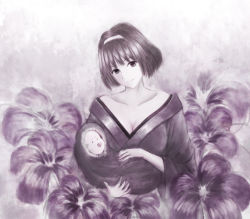Rule 34 | 00s, 1girl, baby, bare shoulders, breasts, brown eyes, brown hair, cleavage, cradling, floral background, flower, hairband, head tilt, japanese clothes, kanzaki sumire, kimono, looking at viewer, mole, mole under eye, monochrome, off shoulder, pacifier, renyu, sakura taisen, short hair, solo focus, violet (flower)