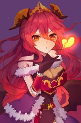 Rule 34 | 1girl, bare shoulders, black gloves, breasts, breath weapon, breathing fire, cleavage, dragalia lost, fire, fur trim, gloves, hair between eyes, hair ornament, heart, highres, large breasts, long hair, mym (dragalia lost), noivis bear, parted lips, purple background, red eyes, red hair, solo, very long hair