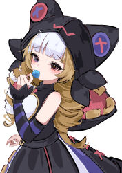 Rule 34 | 1girl, absurdres, bare shoulders, black dress, blue eyes, blush, brown eyes, brown hair, buttons, candy, detached sleeves, dress, drill hair, food, grey background, gwen (league of legends), heterochromia, highres, holding, holding candy, holding food, hood, hood up, league of legends, long hair, momikodayo, simple background, solo, striped sleeves, twin drills, twintails, white hair