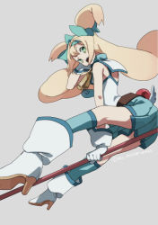 1girl arc_system_works bad_id bad_pixiv_id bell blazblue blazblue:_continuum_shift blonde_hair boots bow female_focus gloves green_eyes hair_bow high_heel_boots high_heels kz-kura long_hair low-tied_long_hair miniskirt platinum_the_trinity quad_tails shoes simple_background skirt solo twintails two_side_up