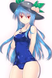 Rule 34 | &gt;:), 1girl, bad id, bad pixiv id, blue hair, blue one-piece swimsuit, collarbone, cowboy shot, food, fruit, hand on own chest, hat, highres, hinanawi tenshi, long hair, looking at viewer, old school swimsuit, one-piece swimsuit, peach, red eyes, school swimsuit, shiny clothes, smile, solo, swimsuit, touhou, v-shaped eyebrows, very long hair, yonaga (masa07240)