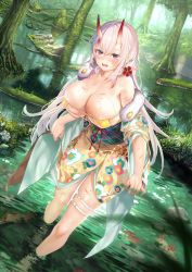 Rule 34 | 1girl, 504 gateway, bad id, bad pixiv id, bare shoulders, bell, bikini, blush, breasts, chinese commentary, cleavage, clothes lift, collarbone, commentary request, covered erect nipples, day, eyepatch bikini, fingernails, floral print, flower, forest, hair between eyes, hair flower, hair ornament, highres, horns, japanese clothes, jingle bell, kimono, large breasts, lifting own clothes, long hair, long sleeves, looking at viewer, moss, nature, obi, oni, open mouth, original, outdoors, overgrown, partially submerged, plant roots, print kimono, red eyes, red horns, red rope, rock, rope, sash, scenery, sidelocks, skin-covered horns, skindentation, skirt, skirt lift, soaking feet, solo, standing, strapless, strapless bikini, sweat, swimsuit, tassel, tearing up, tears, thigh strap, tree, very long hair, wading, water, white hair, wide sleeves, yellow bikini