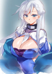 Rule 34 | 1girl, azur lane, bad id, bad pixiv id, belfast (azur lane), belfast (iridescent rosa) (azur lane), belfast (iridescent rosa) (azur lane), blue dress, blue eyes, braid, breasts, chain, cleavage, collar, commentary request, dress, large breasts, long hair, looking at viewer, silver hair, solo, yostxxx