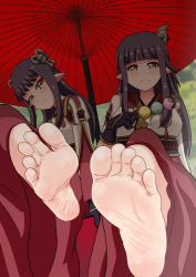 Rule 34 | 2girls, barefoot, black hair, blush, brown eyes, closed mouth, feet, foot focus, foreshortening, hair ornament, hinoa, long hair, minoto, monster hunter (series), monster hunter rise, multiple girls, nush advance, pointy ears, siblings, sisters, smile, soles, toes, twins