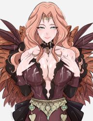 1girl bare_shoulders belt black_footwear blue_eyes breasts brown_dress center_opening circlet cleavage cornelia_arnim dress feathers female_focus fire_emblem fire_emblem:_three_houses forehead_jewel hands_over_breasts high_heels highres large_breasts lewdapplez long_hair looking_at_viewer navel nintendo pink_hair simple_background smile smug solo tagme wet white_background