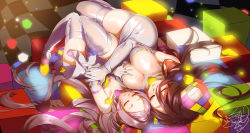 Rule 34 | 2girls, absurdres, age difference, black hair, grabbing another&#039;s breast, breasts, cube, destiny child, elbow gloves, closed eyes, gloves, grabbing, highres, large breasts, long hair, lying, moa (destiny child), multiple girls, on back, purple hair, skirt, sleeping, small breasts, tagme, thighhighs, white legwear