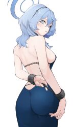 Rule 34 | 1girl, ako (blue archive), ako (dress) (blue archive), arm behind back, ass, ass grab, ass support, back, backless dress, backless outfit, bare arms, bare shoulders, blue archive, blue dress, blue eyes, blue hair, blue halo, blush, bound, bound wrists, breasts, chain, commentary, cowboy shot, dress, evening gown, from behind, ginggi, grabbing own ass, hair between eyes, hairband, halo, highres, looking at viewer, looking back, medium breasts, official alternate costume, parted lips, revision, sideboob, simple background, solo, sweatdrop, taut clothes, taut dress, white background, wrist cuffs