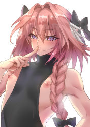 Rule 34 | 1boy, astolfo (fate), bare shoulders, bow, braid, fang, fang out, fate/apocrypha, fate (series), hair between eyes, hair bow, hair intakes, highres, long hair, looking at viewer, male focus, nipples, non (nonzile), pink hair, purple eyes, revision, simple background, smile, solo, trap, white background