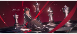 Rule 34 | absurdres, akumon mon, artist name, azur lane, black footwear, black hair, black pantyhose, black skirt, blunt bangs, character name, chess piece, chessboard, commentary, copyright name, dutch angle, english commentary, english text, hair ornament, head tilt, highres, hime cut, horns, loafers, long hair, looking at viewer, neckerchief, noshiro (azur lane), oversized object, pantyhose, pleated skirt, purple eyes, red background, red ribbon, ribbon, sailor collar, school uniform, serafuku, shoes, sitting, skin-covered horns, skirt, straight hair, thigh strap, x hair ornament, yellow neckerchief