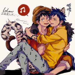 Rule 34 | 2boys, abs, anger vein, animal ears, arm tattoo, biting, black hair, blush, cape, cheek biting, chest tattoo, commentary request, couple, demorzel, denim, earrings, facial hair, facial scar, fangs, fur cape, goatee, hand tattoo, hat, highres, hug, jewelry, leopard boy, leopard ears, leopard tail, monkey d. luffy, monkey tail, multiple boys, musical note, one piece, open mouth, scar, scar on cheek, scar on chest, scar on face, shirt, short hair, sitting, spoken musical note, straw hat, tail, tail grab, tattoo, trafalgar law, translation request, yaoi, yellow eyes, yellow shirt