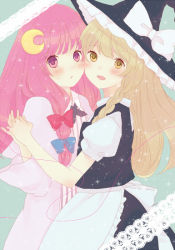 Rule 34 | + +, 2girls, :d, :t, apron, blonde hair, blue bow, blunt bangs, bow, braid, cheek-to-cheek, crescent, from side, graphite (medium), green background, hair ornament, hair ribbon, heads together, holding hands, interlocked fingers, kirisame marisa, lace, long hair, looking at viewer, mixed media, multiple girls, no headwear, open mouth, patchouli knowledge, puffy short sleeves, puffy sleeves, purple hair, red bow, ribbon, shion (pixiv221709), short sleeves, side braid, smile, sparkle, string around finger, touhou, traditional media, tress ribbon, vest, waist apron