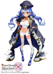 Rule 34 | 1girl, bead bracelet, beads, black ribbon, blue eyes, blue footwear, blue hair, blush, boots, bracelet, brave sword x blaze soul, breasts, chain, copyright name, crop top, gaou (umaiyo puyoman), hair ribbon, halterneck, hands on own hips, hat, highres, jewelry, large breasts, long coat, long hair, matching hair/eyes, midriff, military, military hat, military uniform, navel, official art, parted lips, ribbon, shirt, short shorts, shorts, shorts tan, simple background, solo, standing, tan, tanline, taut clothes, taut shirt, thighhighs, torn clothes, torn coat, torn shirt, torn shorts, twintails, uniform, watermark, white background, white thighhighs