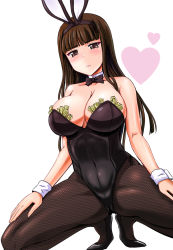 Rule 34 | 10s, 1girl, animal ears, bare shoulders, black leotard, blunt bangs, blush, bow, bowtie, breasts, brown eyes, brown hair, cameltoe, cleavage, collarbone, detached collar, fake animal ears, fishnet pantyhose, fishnets, frown, girls und panzer, heart, highres, kumoi takashi, large breasts, leotard, lips, long hair, mature female, money, nishizumi shiho, pantyhose, playboy bunny, rabbit ears, shiny skin, side-tie leotard, sidelocks, simple background, solo, squatting, tucked money, white background, wrist cuffs
